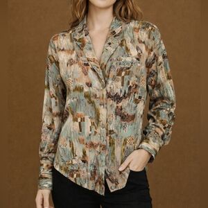 VTG APART 1980s Abstract Paintbrush Button Down Long Sleeve Blouse